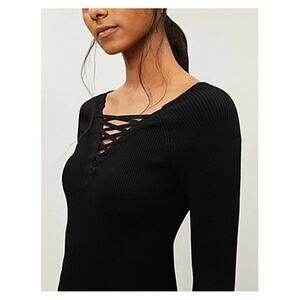 SANDRO Black Ribbed Lace Up Long Sleeve Sweater Top LARGE